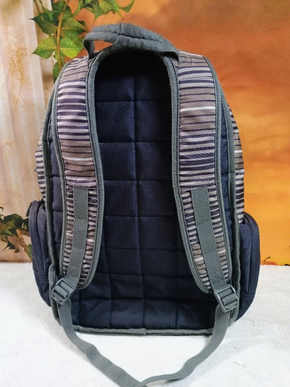 EUC VTG Skullcandy Navy Blue & Gray Striped Skateboard Backpack Tech Pocket